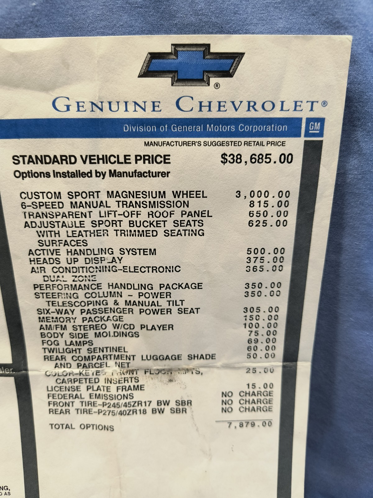 1999 Corvette Manufacturer’s Retail Window Sticker OEM ORIGINAL Chevrolet