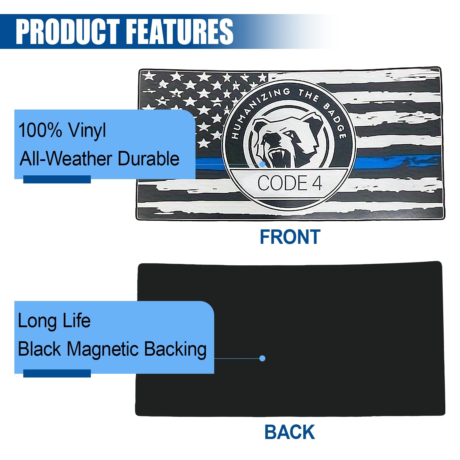 ZIMISI Thin Blue Line Sticker Code 4, Vinyl Bumper Car 2PCS, Black&blue&white
