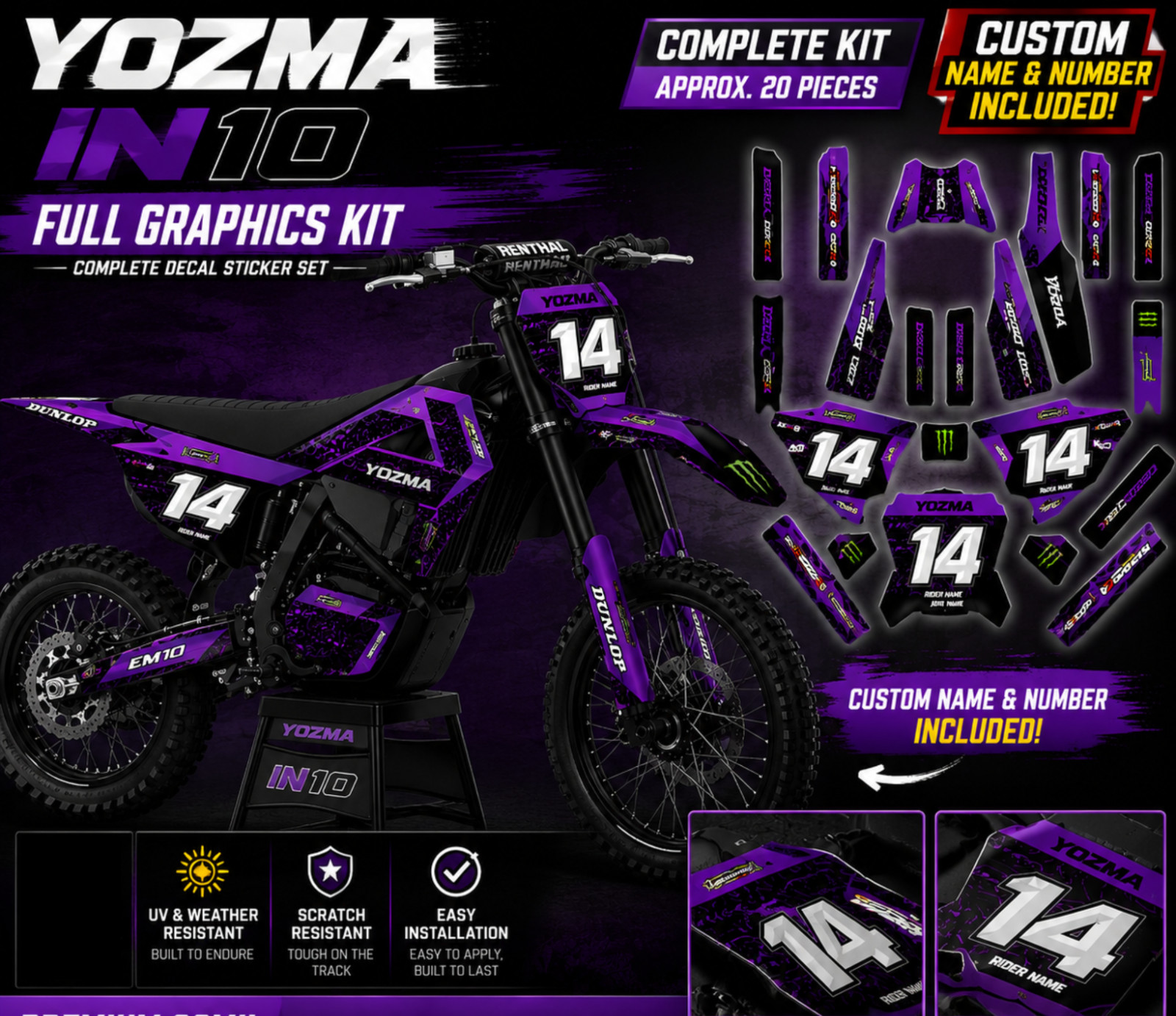 Yozma IN10 Graphics Kit Full Decal Sticker Set Custom Number Name 6 Mil