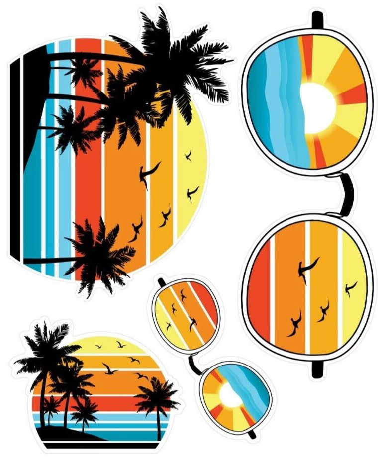 NEW Auto Drive Beach + Palm Trees / Sunglasses 4 Decals Easy Install 3″ to 5.5″