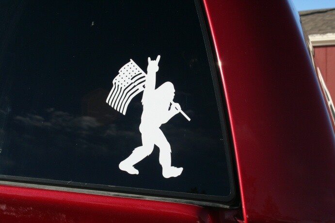 Bigfoot Holding American Flag die-cut window sticker, Buy 2 get 1 FREE offer!