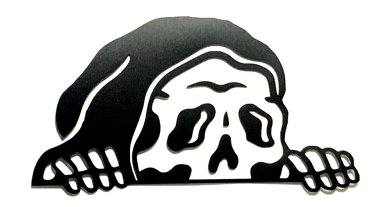 Grim Reaper Lurking BLACK vinyl decal weatherproof 3.3 x 6 inches. Made in USA
