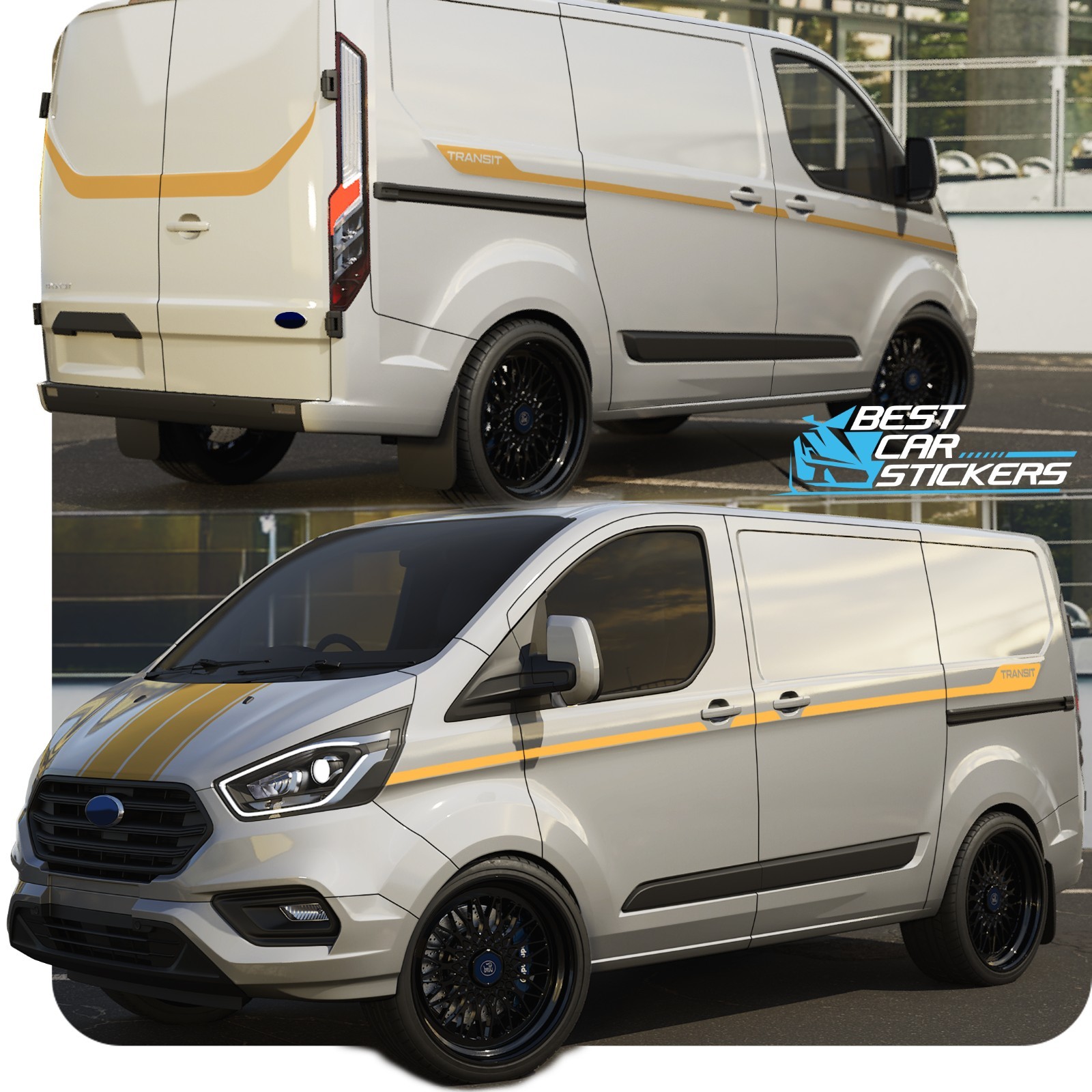 For Ford Custom LWB Side Racing Stripes Van Stickers Kit Bonnet 1 SLIDING DOORS