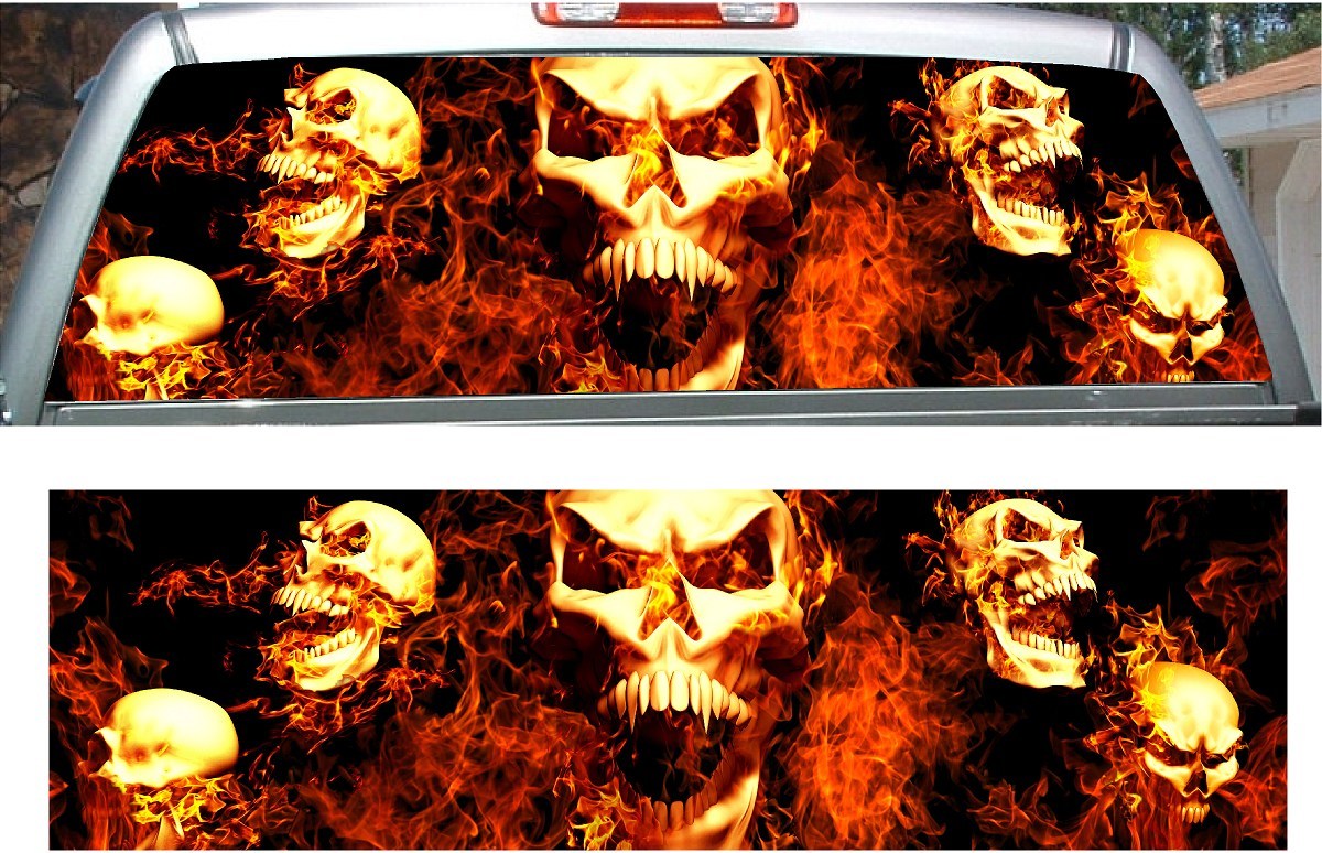 Screaming skull rear window view thru graphic decal wrap