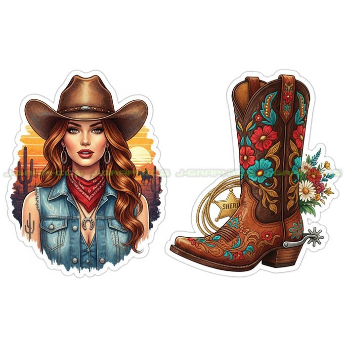 Cowgirl Vinyl Decal Sticker Country Western Southern boots 2 pack B