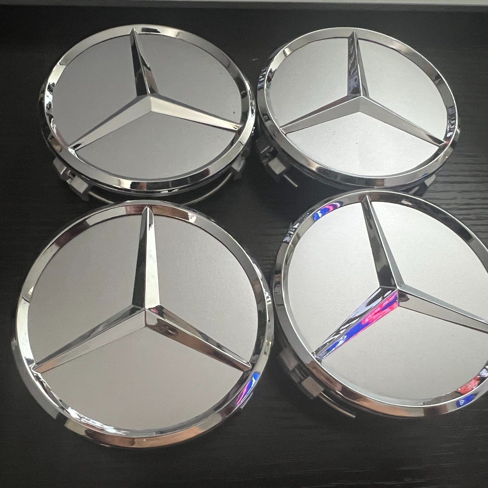 SET OF 4 MERCEDES BENZ WHEEL CENTER CAPS BLACK/DARK/SILVER 75MM AMG WREATH