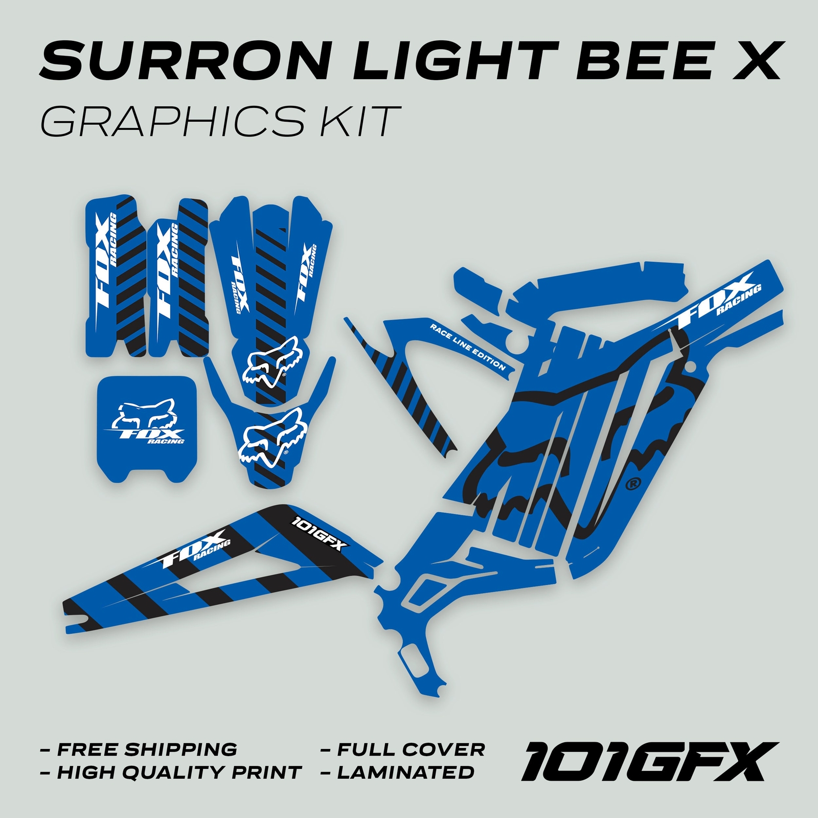 Surron Light Bee X Graphics Kit FOX RACE LINE Blue Black Decals Stickers