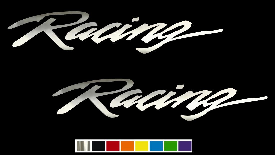 (2) RACING in Script Font Vinyl Decals – CUSTOM SIZE COLOR for CARS TRUCKS