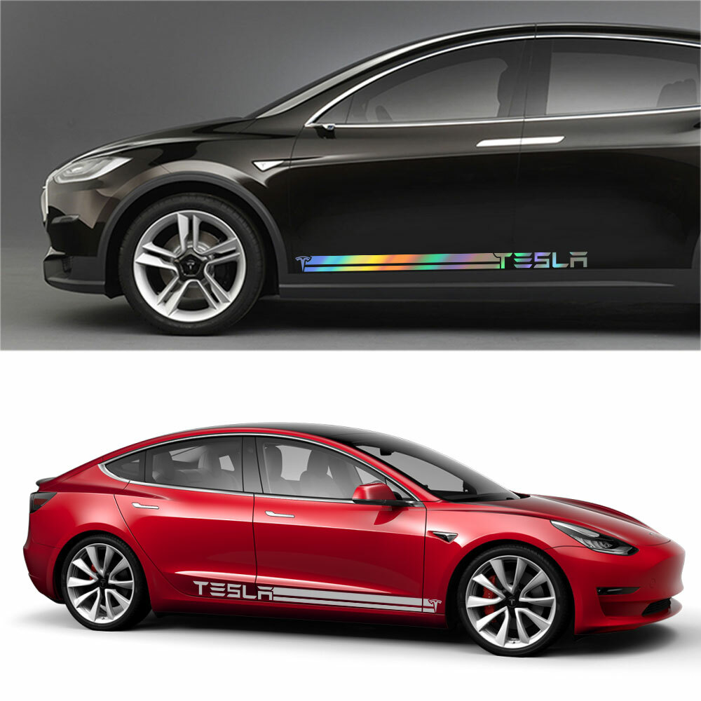 2x Tesla Car Racing Long Stripe Graphics Side Body Vinyl 3D Decal Sticker Decor