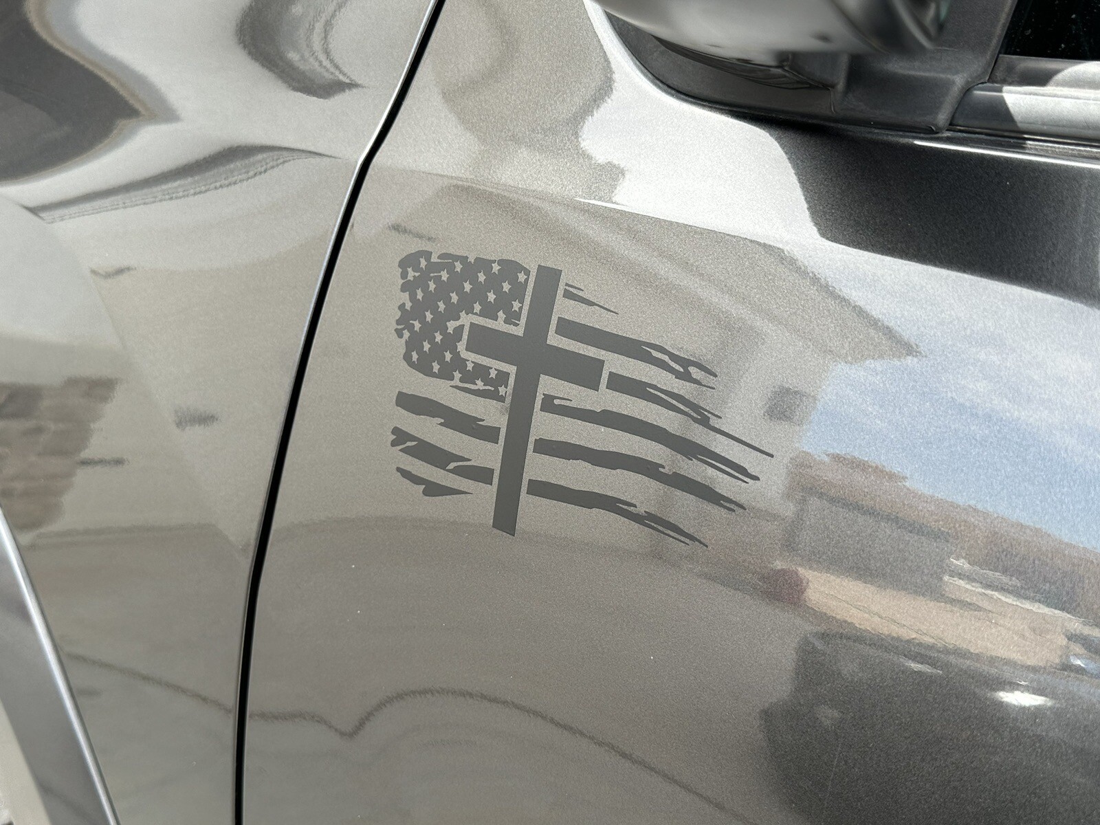 Pair (2) 4×7 Matte Black American Flag Vinyl Decal Sticker with Cross, Christian