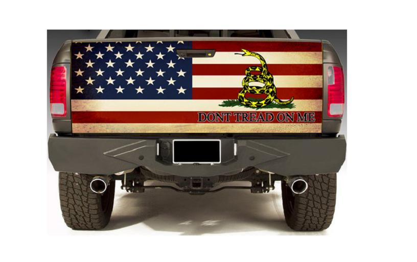 Tailgate Wrap Dont Tread On Me Gadsden Snake on Rustic Flag Truck Graphic Wrap