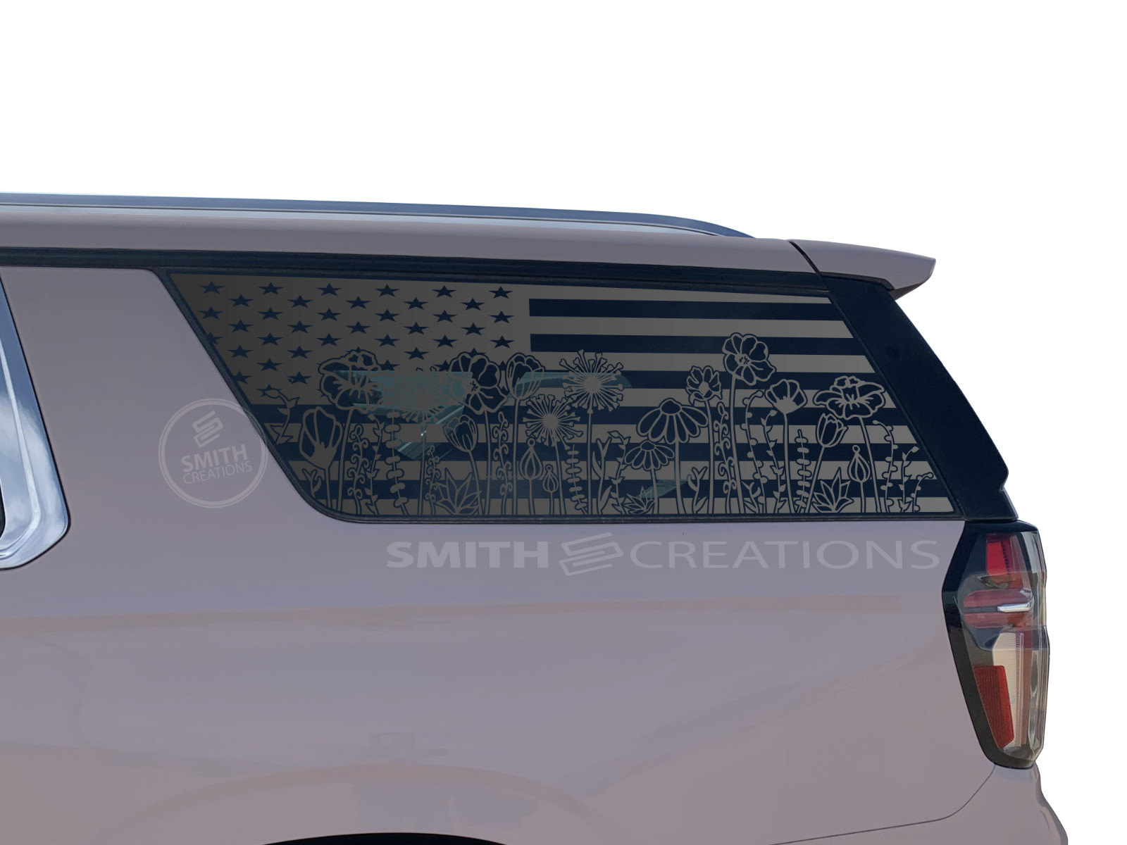 Fits 2021-2026 Chevy Suburban Window Standard American Flag With Flowers Decal