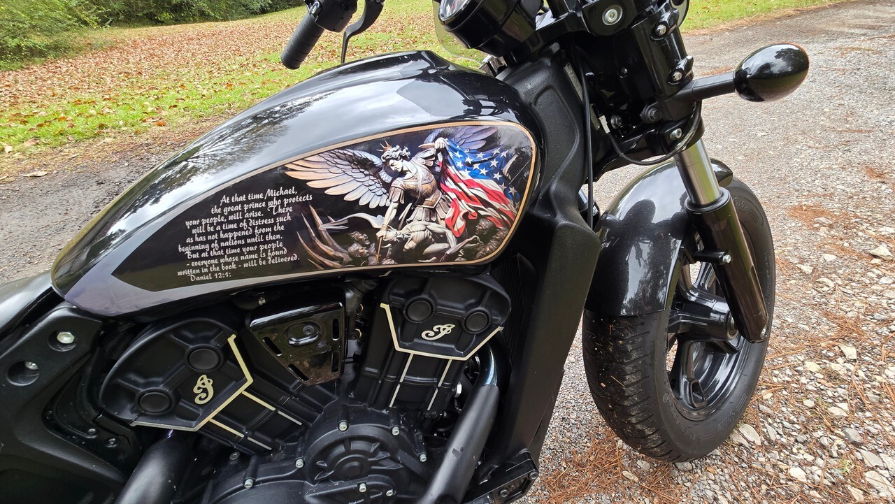 Indian Scout motorcycle tank decals – 3pc set- St. Michael’s Stand – Bobber