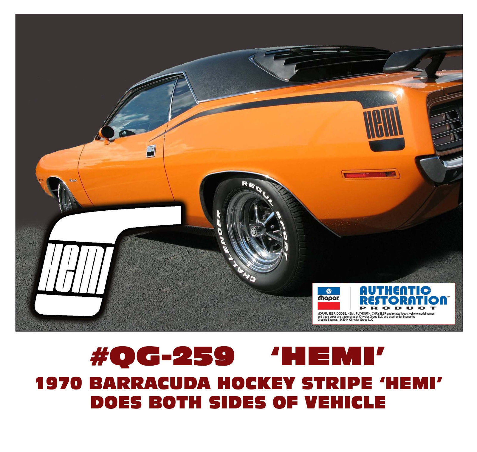GE-QG-259 1970 PLYMOUTH BARRACUDA – HOCKEY STICK STRIPE with HEMI – DECAL KIT