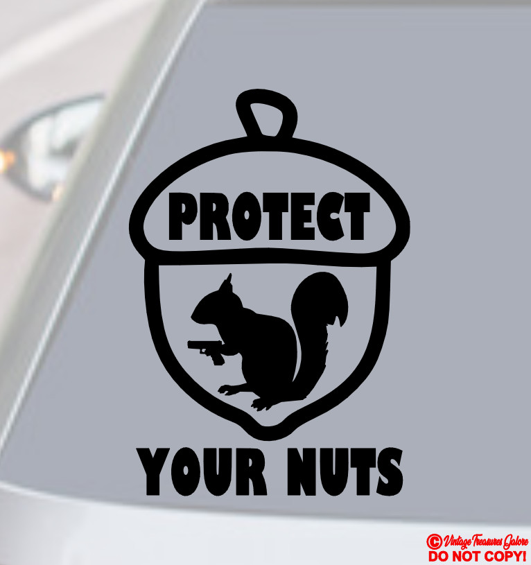 PROTECT YOUR NUTS SQUIRREL PISTOL GUN VINYL DECAL STICKER CAR WINDOW BUMPER JDM