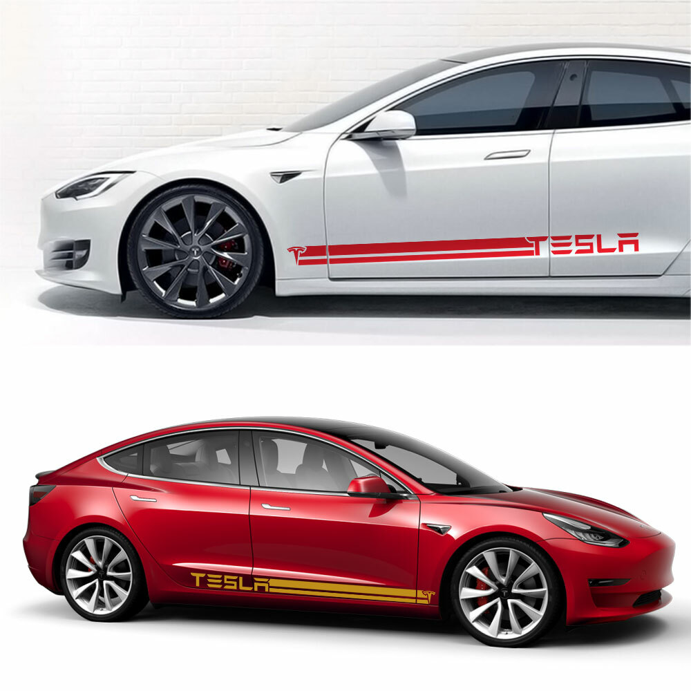 2x Tesla Car Racing Long Stripe Graphics Side Body Vinyl 3D Decal Sticker Decor