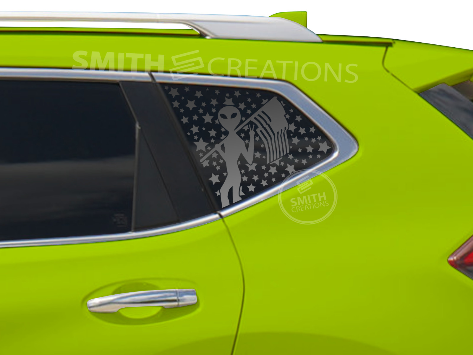 Fits 2014-2020 Nissan Rogue Quarter Window Stars with Alien Vinyl Window Decal
