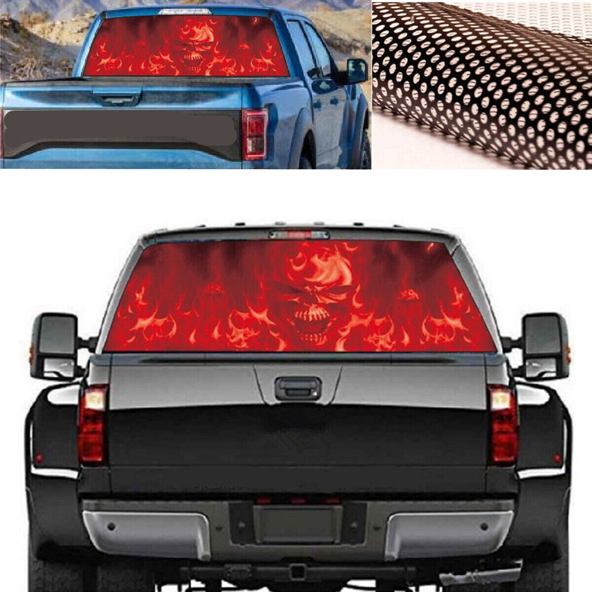 Car Rear Window Sticker DIY Flaming Skull Graphics Tint Vinyl Perforated Decal