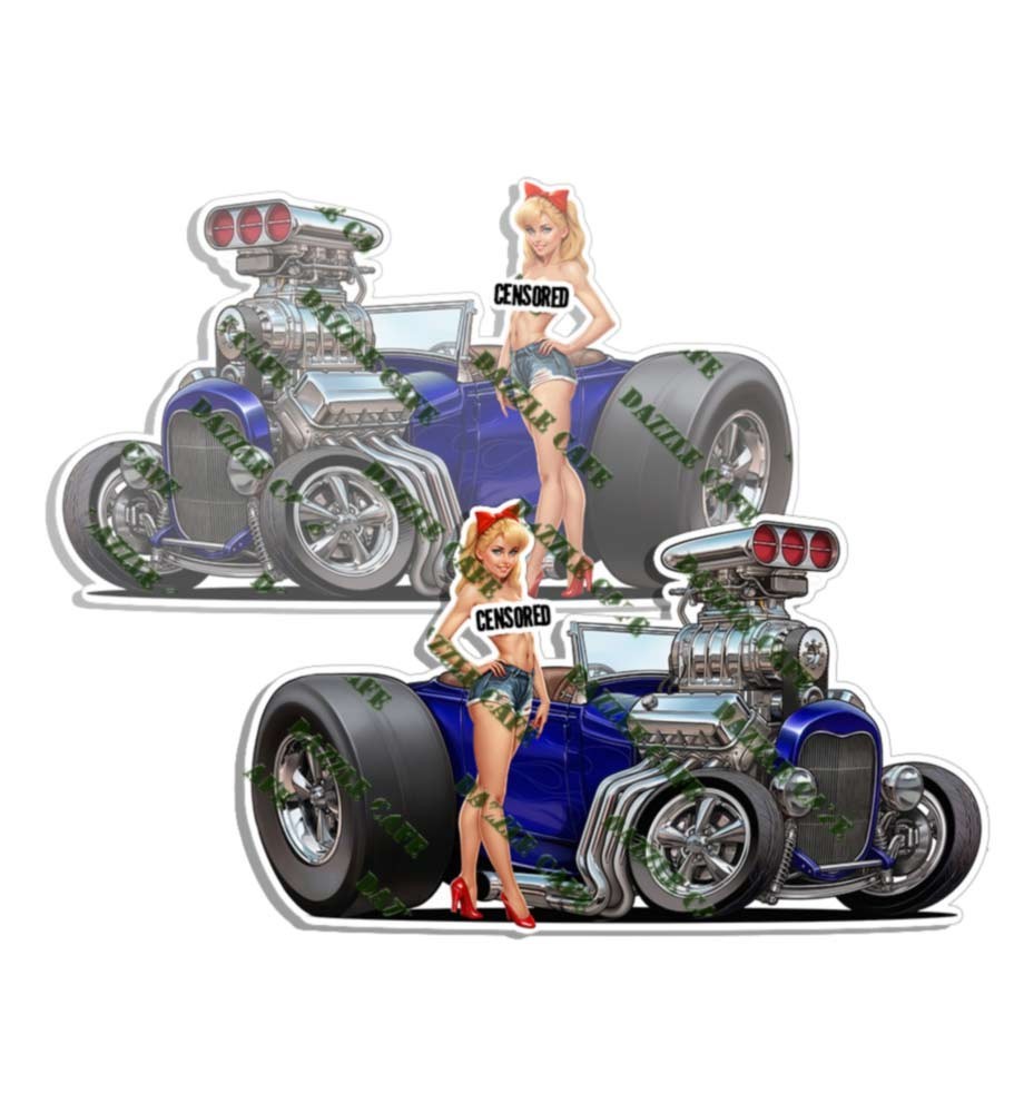 Pinup Girl Sticker Fits Ford 1929 DARK BLUE Model A Nose Art Pin Up Decal 2 PACK