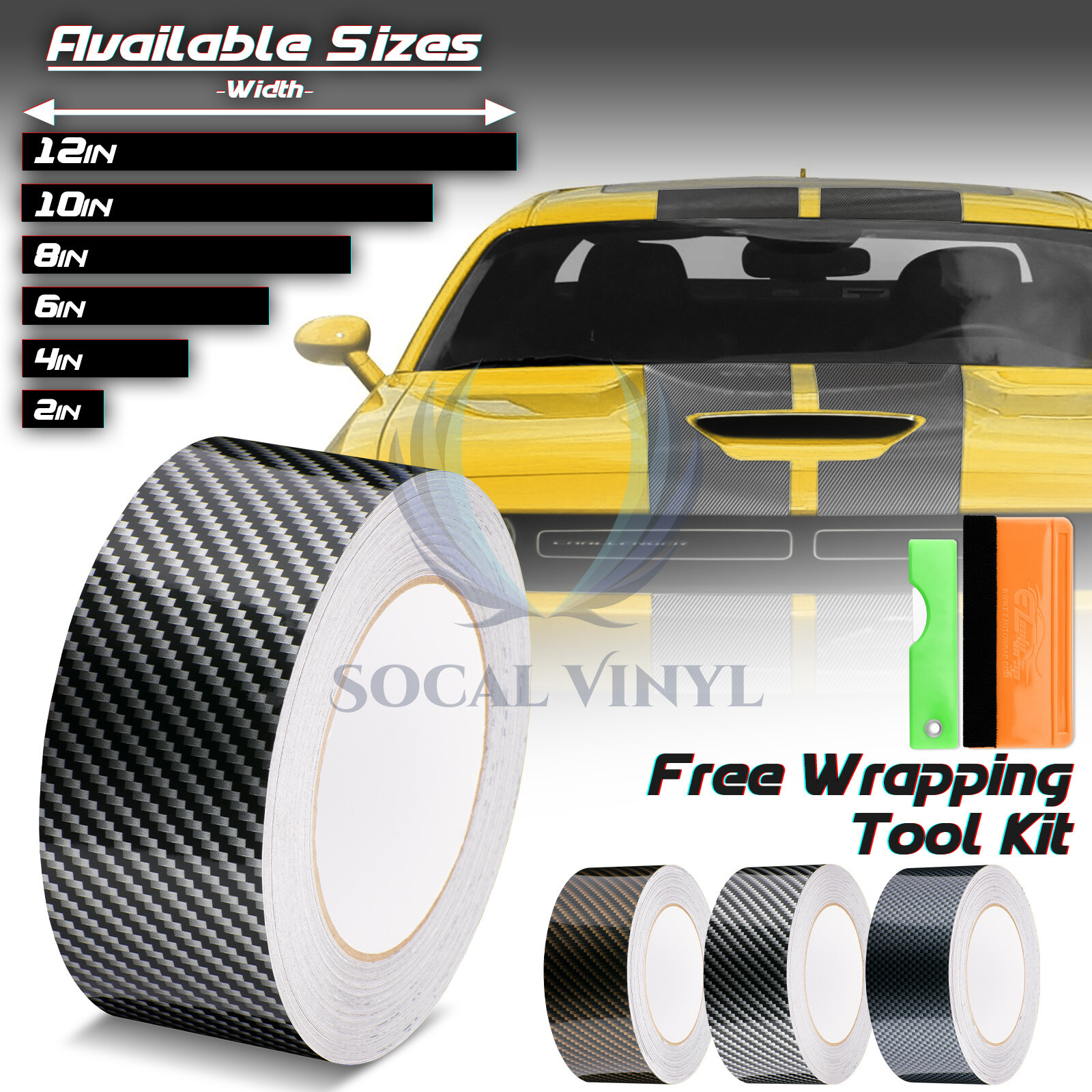 2D High Gloss Carbon Fiber Racing Stripes Vinyl Wrap Sticker 10/25/50/75 FT