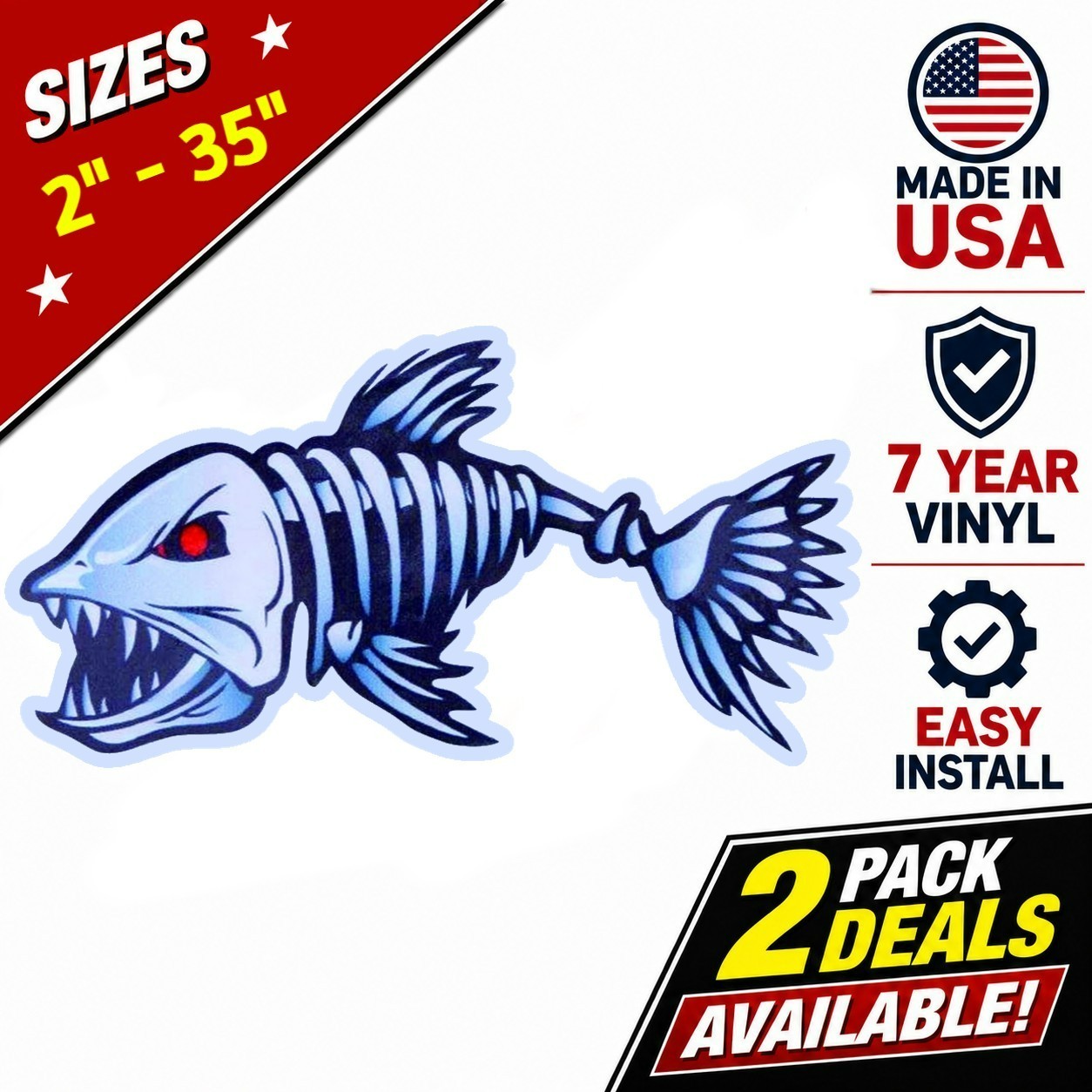 Blue Skeleton Fish Vinyl Decal Fishing Boat Kayak Car Truck Window Sticker