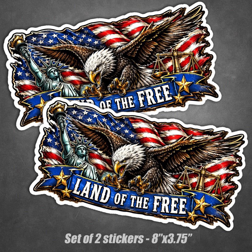 Land of the Free Patriotic Eagle American Flag Bumper Stickers 2pk Vinyl Decals
