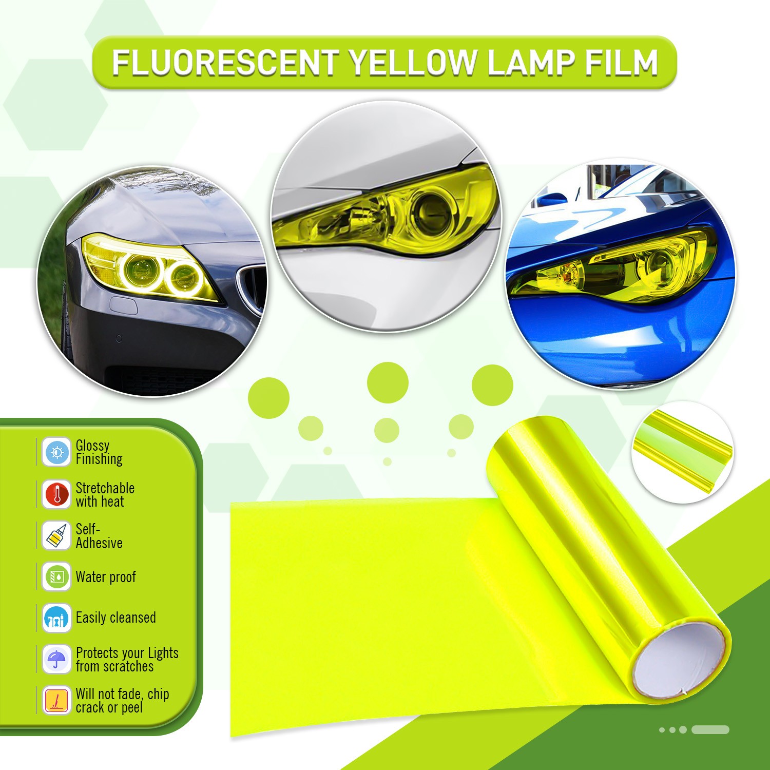 Durable For Automotive Headlight Taillight Foglight Fluorescent Yellow Tint Film