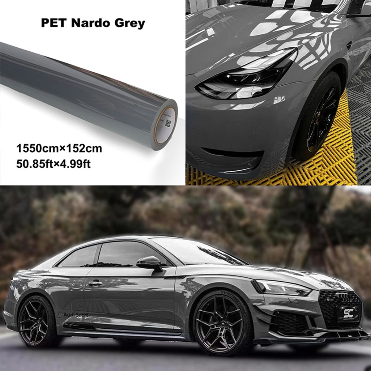 5FTx50FT PET Crystal Nardo Grey Vinyl Wrap Self-Adhesive Air Release US Stock