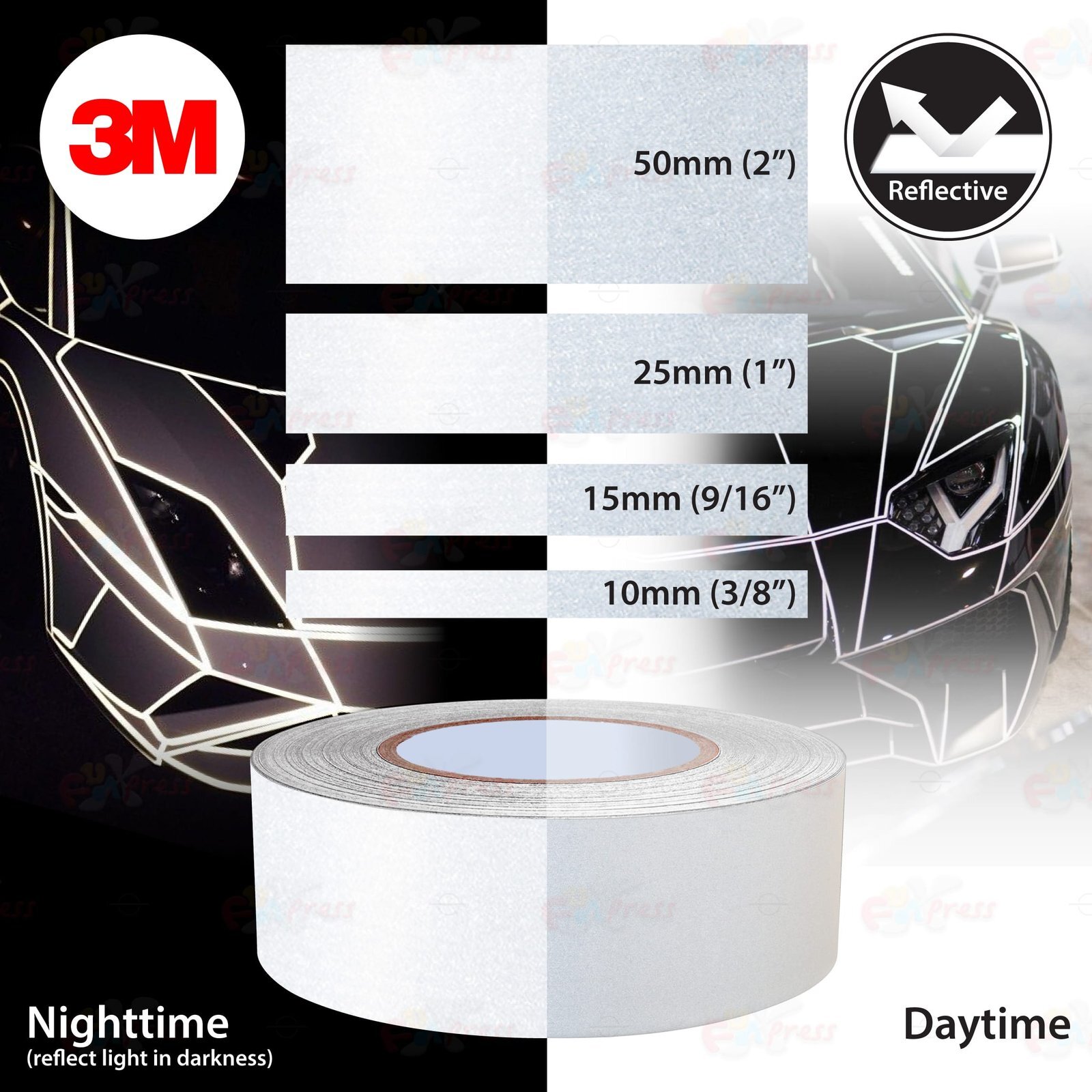 3/8″ 9/16″ 1″ 2″ Waterproof REFLECTIVE Adhesive 3M Vinyl Tape Decal SILVER WHITE