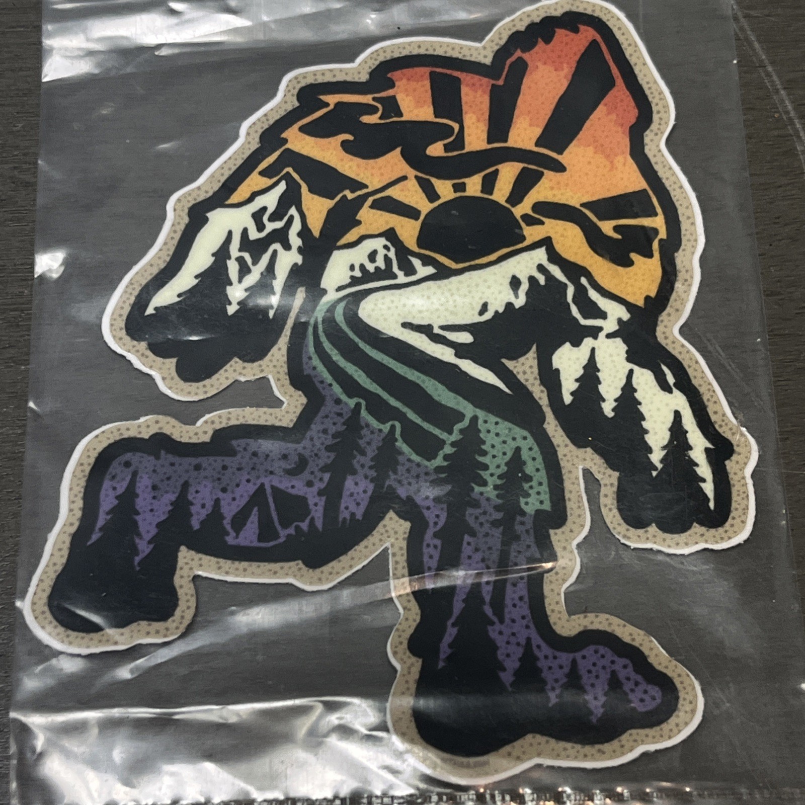 Atomic Child Sasquatch Vinyl Sticker Bigfoot Mountain Sunset All Weather USA Mad