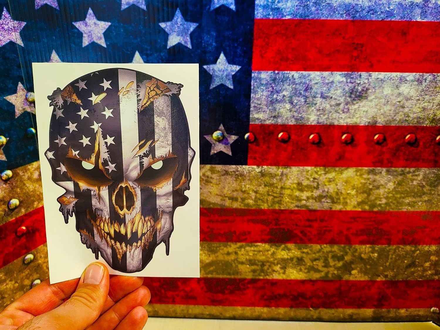 Durable American Flag Skull Decal with Glitter & Reflective Eyes – 6.5 Inch
