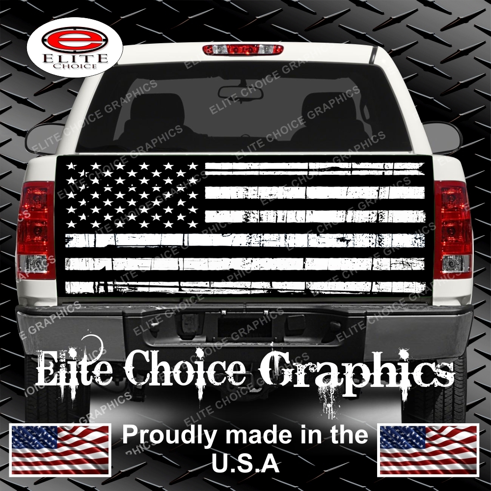 Black and White Distressed Flag Truck Tailgate Wrap Vinyl Graphic Decal Sticker