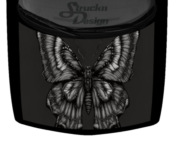 Grayscale Shades Butterfly Pattern Black Hood Truck Wrap Vinyl Car Graphic Decal