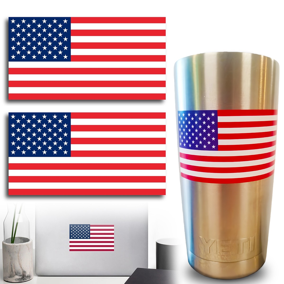 2 Pack Small American Flag Vinyl Decal Bumper Sticker Car Truck Window Yeti USA