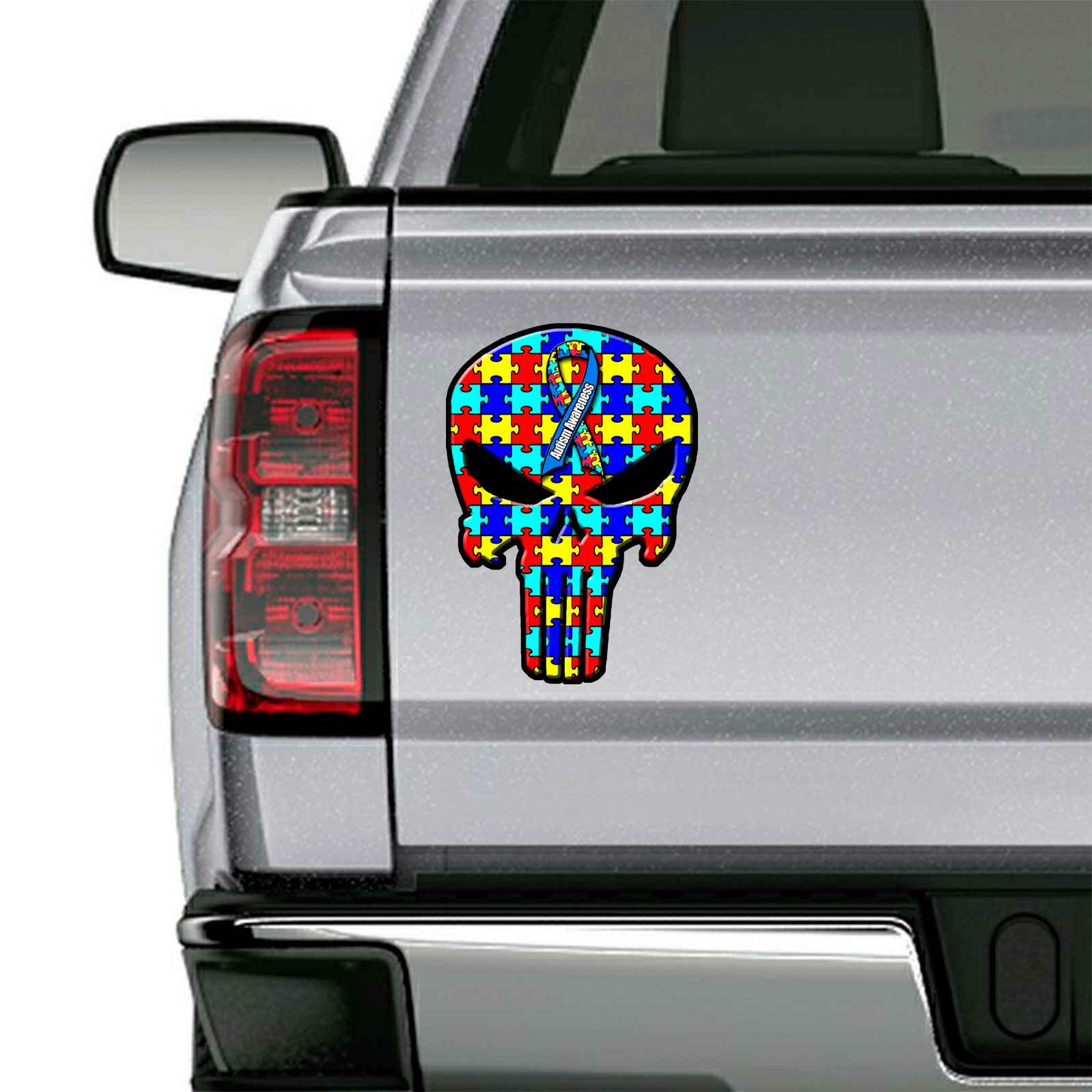 Autism Awareness Punisher Skull Sticker Decal Autistic Child Puzzle Ribbon USA