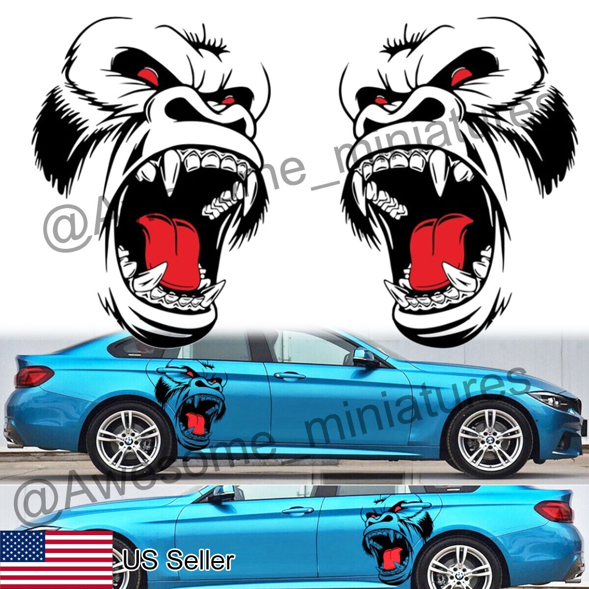 2x Car Truck Side Door Bonnet Vinyl Decal Horror Gorilla Graphics Decor Stickers
