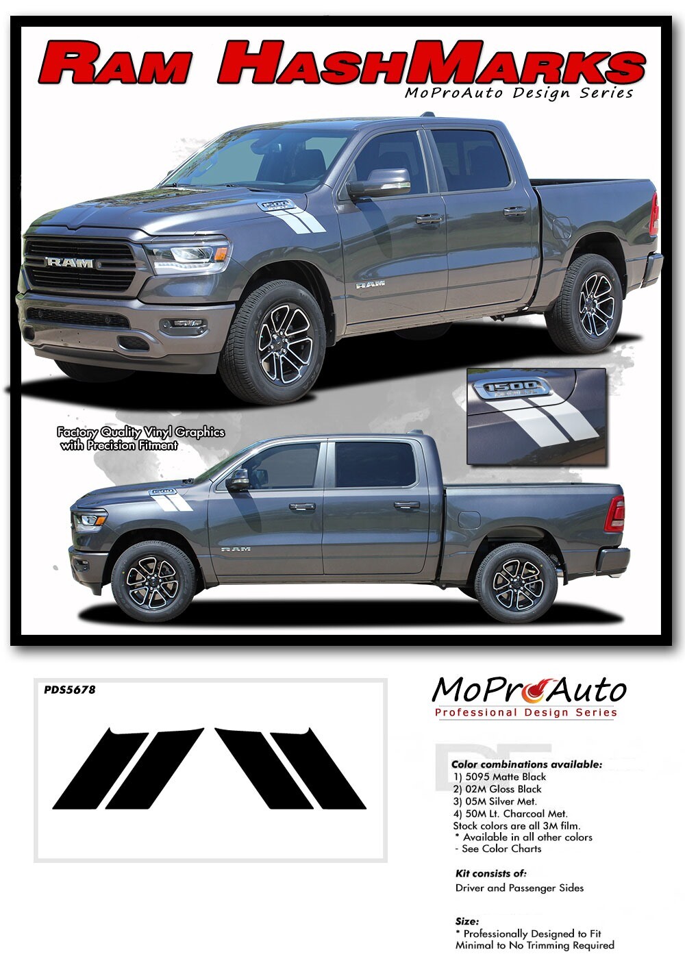 Hood Stripes HASH MARKS Bar Decals Vinyl Graphic for 2019-2024 Dodge Ram