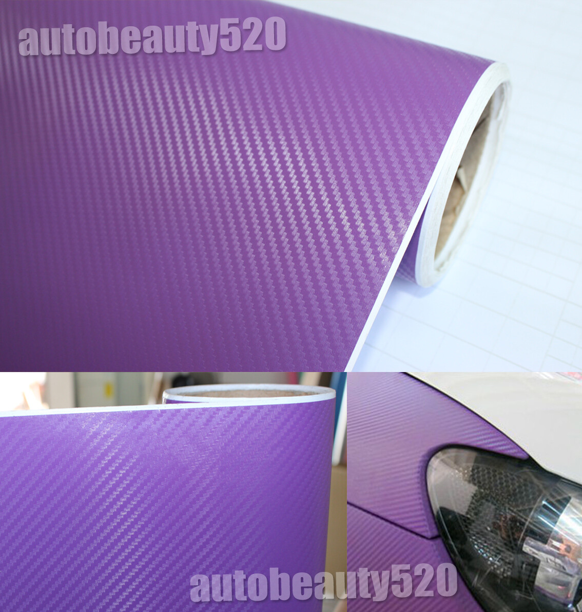3D Purple / Sheet Car PVC Grain Carbon Fiber Vinyl Tape Wrap Sticker Decors Trim