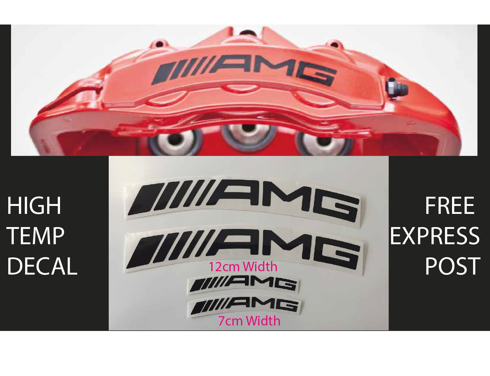 AMG BRAKE CALIPER DECAL HIGH TEMP (12.5cm & 7cm) Black Curved Sticker Set x 4