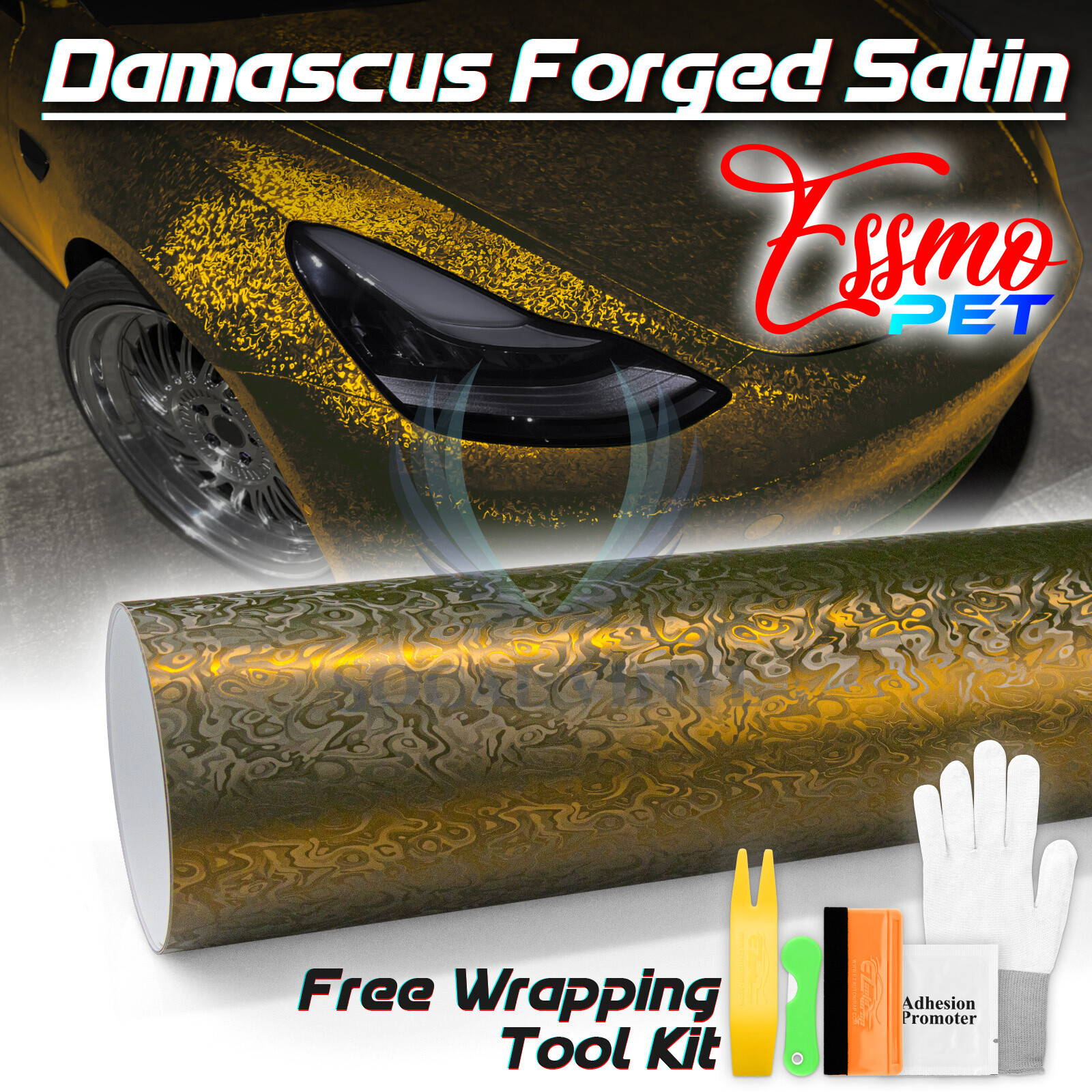 PET Damascus Steel Forged Carbon Fiber Bond Gold Car Vinyl Wrap Decal Sticker
