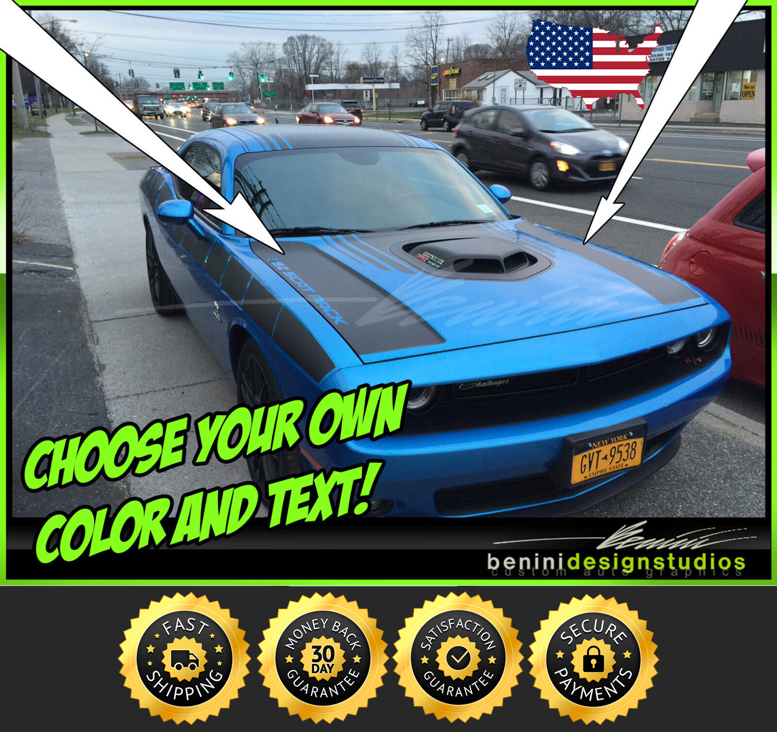 Dodge Challenger Shaker Hood Stripes Accents – FITS 2014 2015 2016 2017 2018