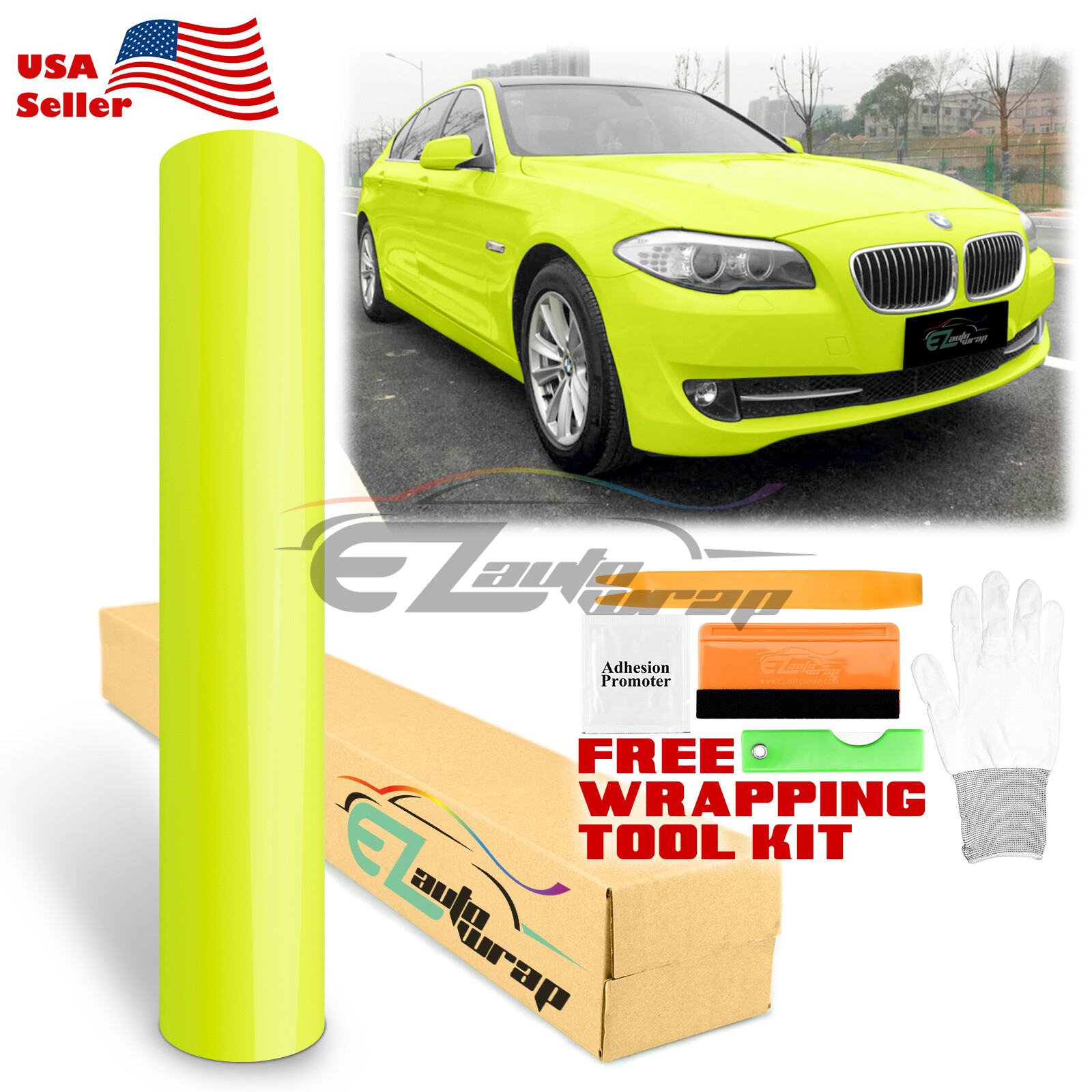 Fluorescent Gloss Neon Yellow Car Sticker Decal Vinyl Wrap Air Release Sheet DIY