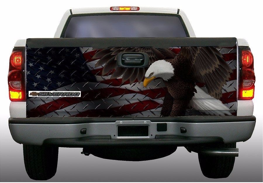 American Flag diamond plate eagle truck tailgate vinyl graphic decal wraps