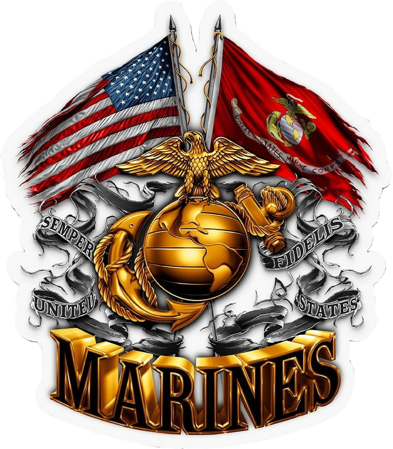Large! USMC Dual Flag Window Sticker Decal 3.5″ x 4″ Marine Corps
