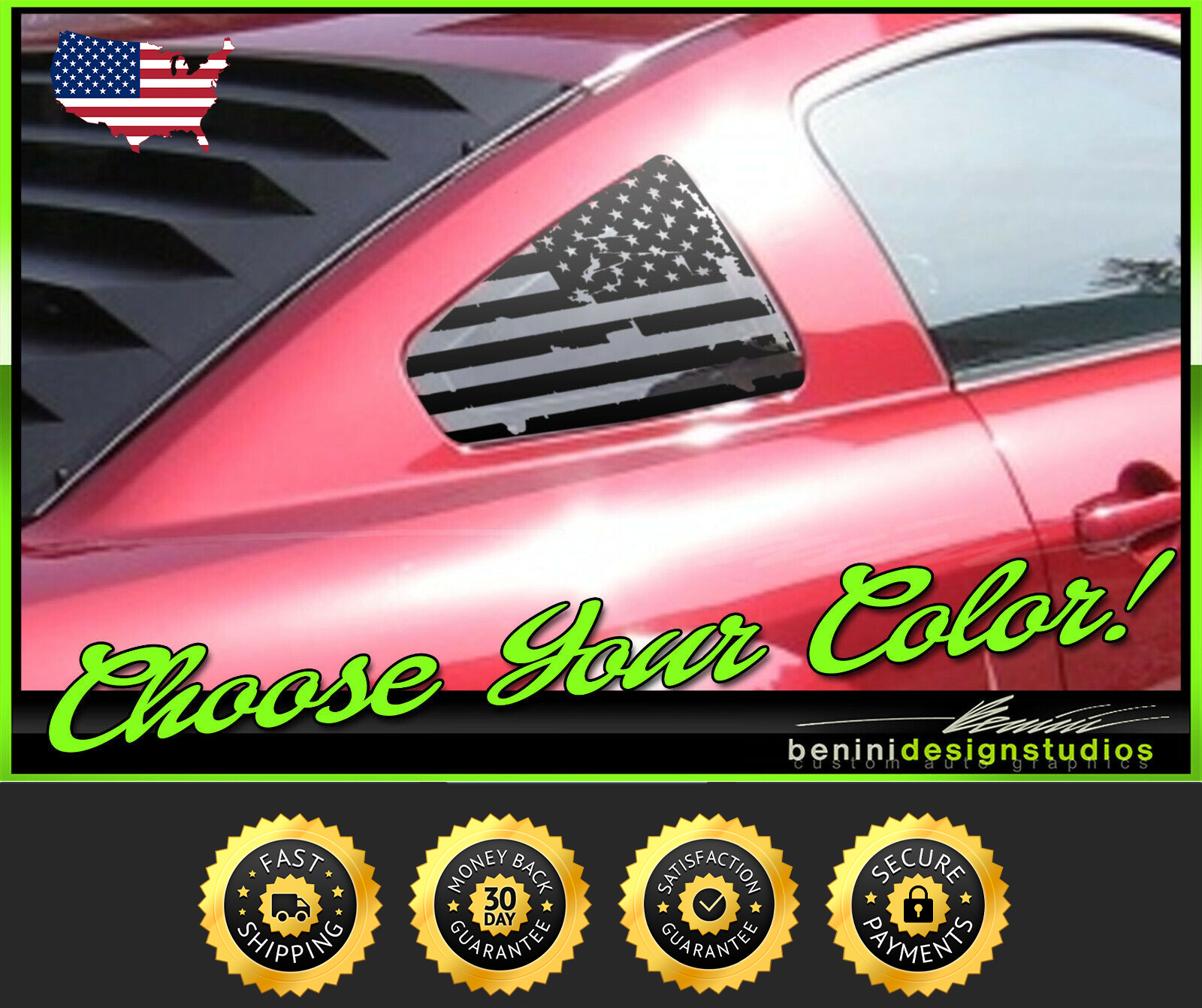 Mustang AMERICAN FLAG Quarter Window Decal (2) Matte black any color 2005-2009 2