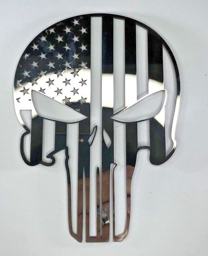 Punisher Skull Emblem American Flag Polished Stainless Steel Decal Sticker