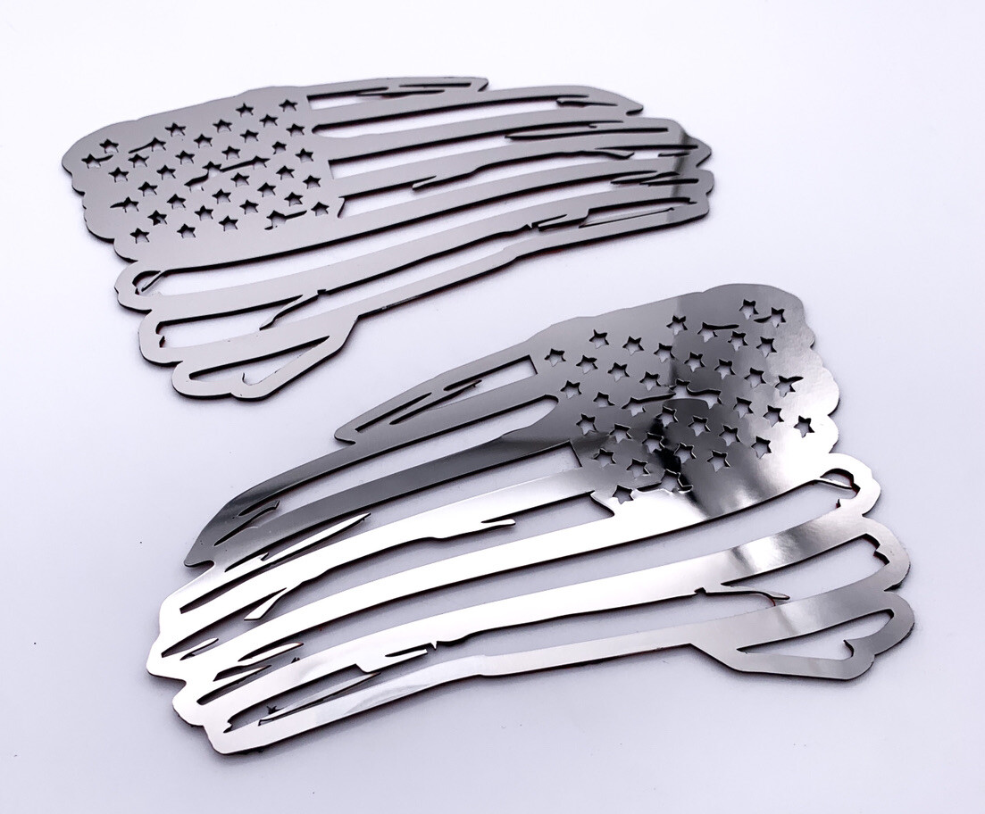 Pair Distressed American Flag Decals Emblems – Polished Stainless (6″ x 3.5″)