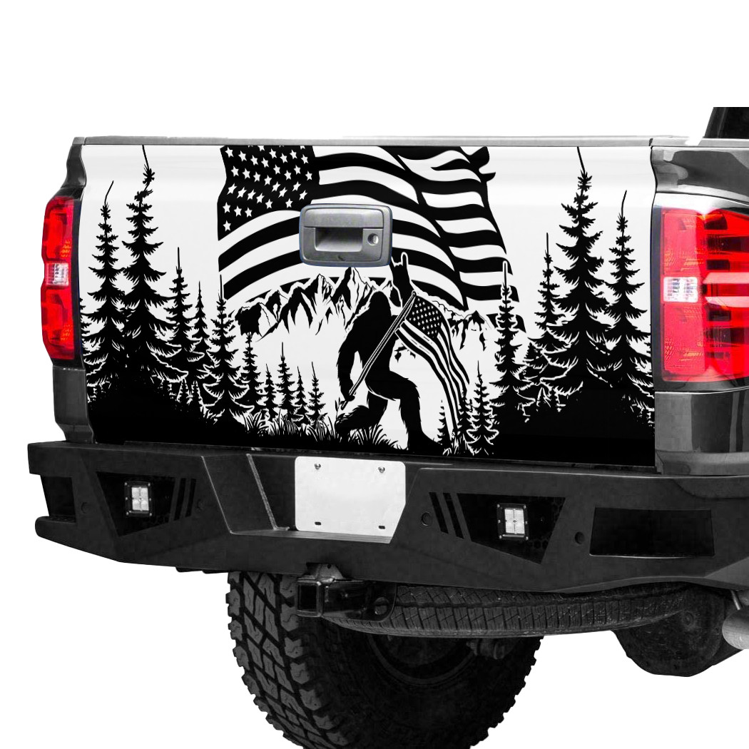 America Flag Bigfoot Mountain Truck Tailgate Wrap, Bigfoot Tailgate Decal