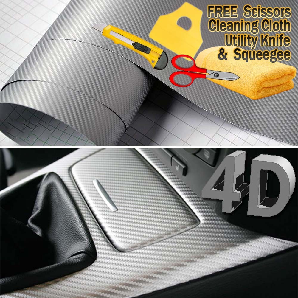 Premium 4D Gloss SILVER Carbon Fiber Vinyl Film Wrap Bubble Free Air Release