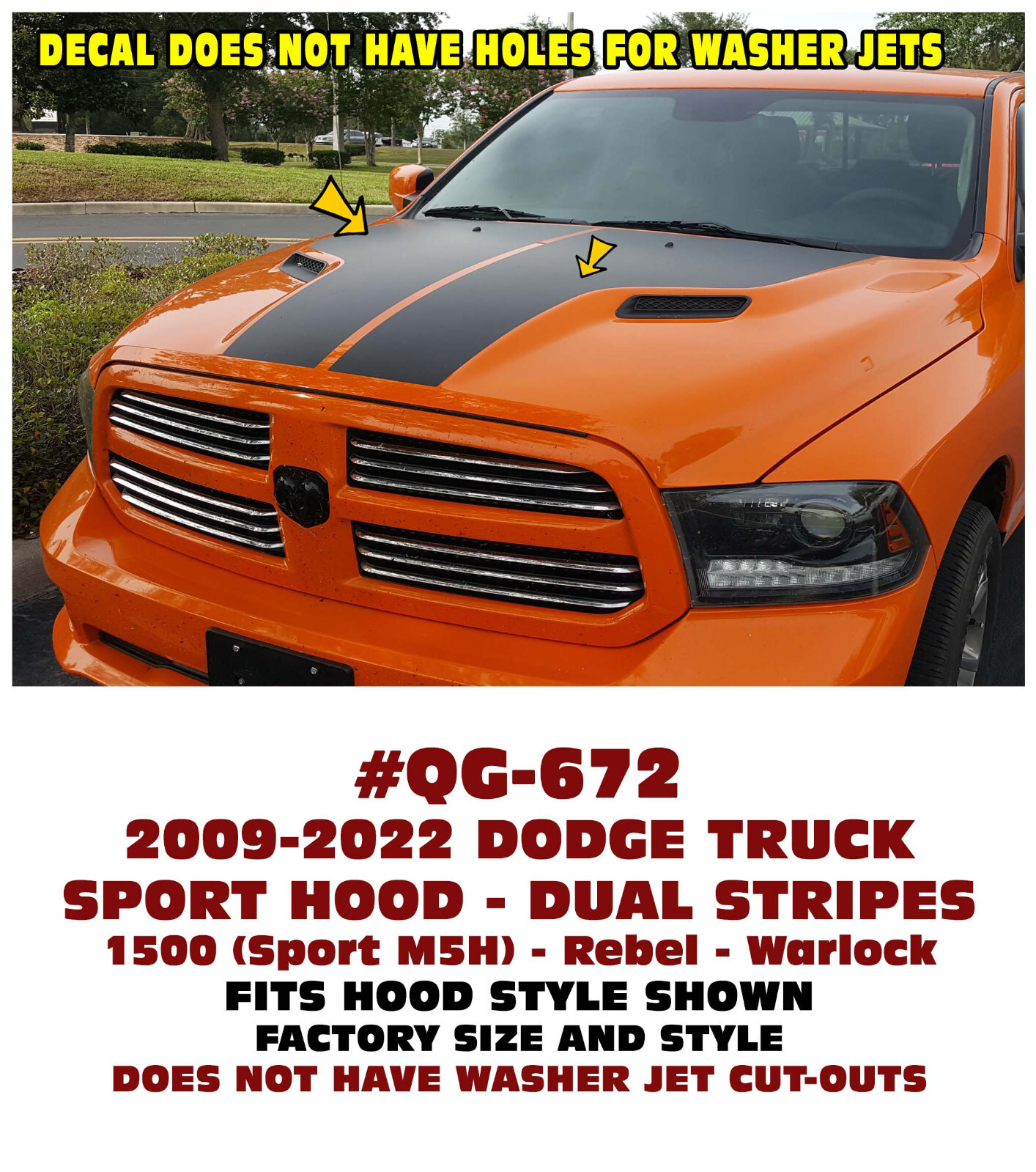 QG-672 2009-18 DODGE RAM TRUCK – SPORT HOOD DUAL STRIPE KIT – FACTORY SIZE